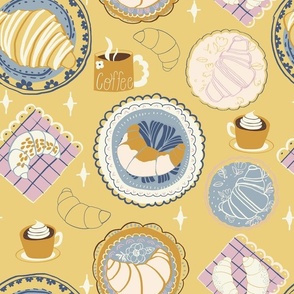 L|Coffee with cream and Croissants Treats on Decorated Plates and Napkins-not textured on mustard