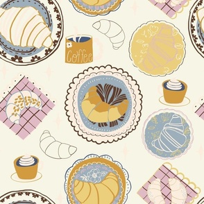 L|Coffee with cream and Croissants Treats on Decorated Plates and Napkins-not textured on beige