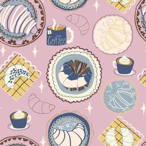 L|Coffee and brown Croissants Indulgent Treats on Decorated Plates and Napkins-not textured