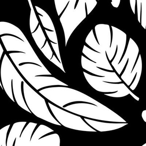 Tropical Leaves in Classic White on Black - X-Large Scale - Metallic Wallpaper Friendly  - Jungle Forest Plants 