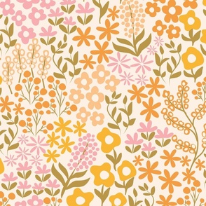 Ditsy warm flowers - cream, orange and pink. Blooming Autumn.