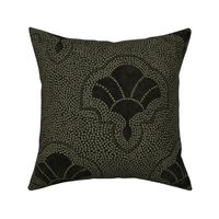 Textured art deco fans in dotted mosaic style - dark muted green and charcoal, moody almost black - large