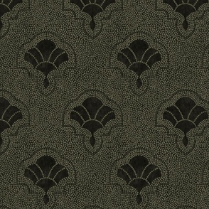 Textured art deco fans in dotted mosaic style - dark muted green and charcoal, moody almost black - medium