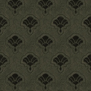 Textured art deco fans in dotted mosaic style - dark muted green and charcoal, moody almost black - small