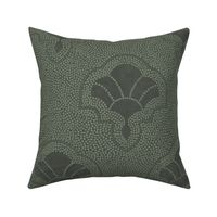 Textured art deco fans in dotted mosaic style - dusty, muted dark sage green, moody - large