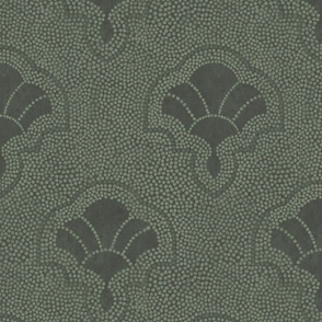 Textured art deco fans in dotted mosaic style - dusty, muted dark sage green, moody - large