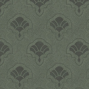 Textured art deco fans in dotted mosaic style - dusty, muted dark sage green, moody - medium
