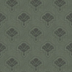 Textured art deco fans in dotted mosaic style - dusty, muted dark sage green, moody - small