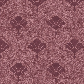 Textured art deco fans in dotted mosaic style - dusty crimson and dark red, moody claret - medium