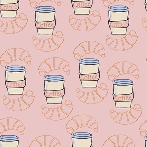 L|Coffee Lover's Morning: Cups and Croissant on pink