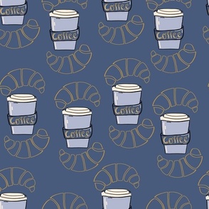 L|Coffee Lover's Morning: Cups and Croissant on dark blue