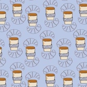 S|Coffee Lover's Morning: Cups and Croissant on light denim blue