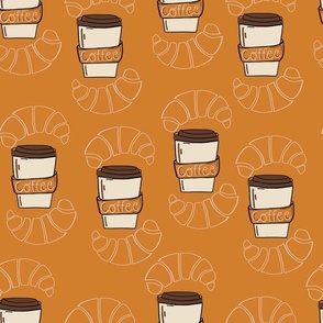 L|Coffee Lover's Morning: Cups and Croissant on ochre brown