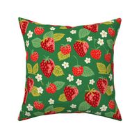 Summer Strawberries Forest Green Small - hand-drawn, botanical, flowers, fruit, bright colors, cute, fun, bedding, wallpaper, clothing, kitchen decor, kids, children, home decor, garden designs