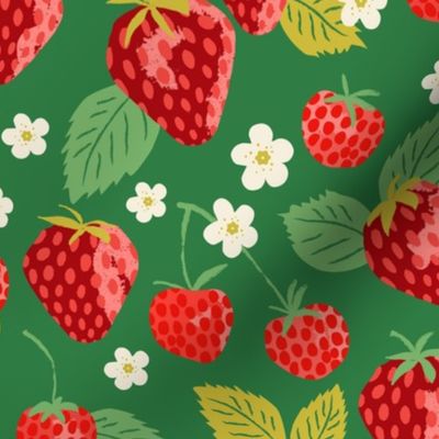 Summer Strawberries Forest Green Small - hand-drawn, botanical, flowers, fruit, bright colors, cute, fun, bedding, wallpaper, clothing, kitchen decor, kids, children, home decor, garden designs