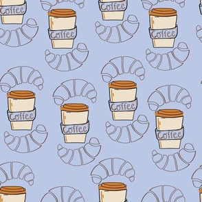 L|Coffee Lover's Morning: Cups and Croissant on light denim blue