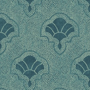 Textured art deco fans in dotted mosaic style - creamy dark teal, green, blue-green - large