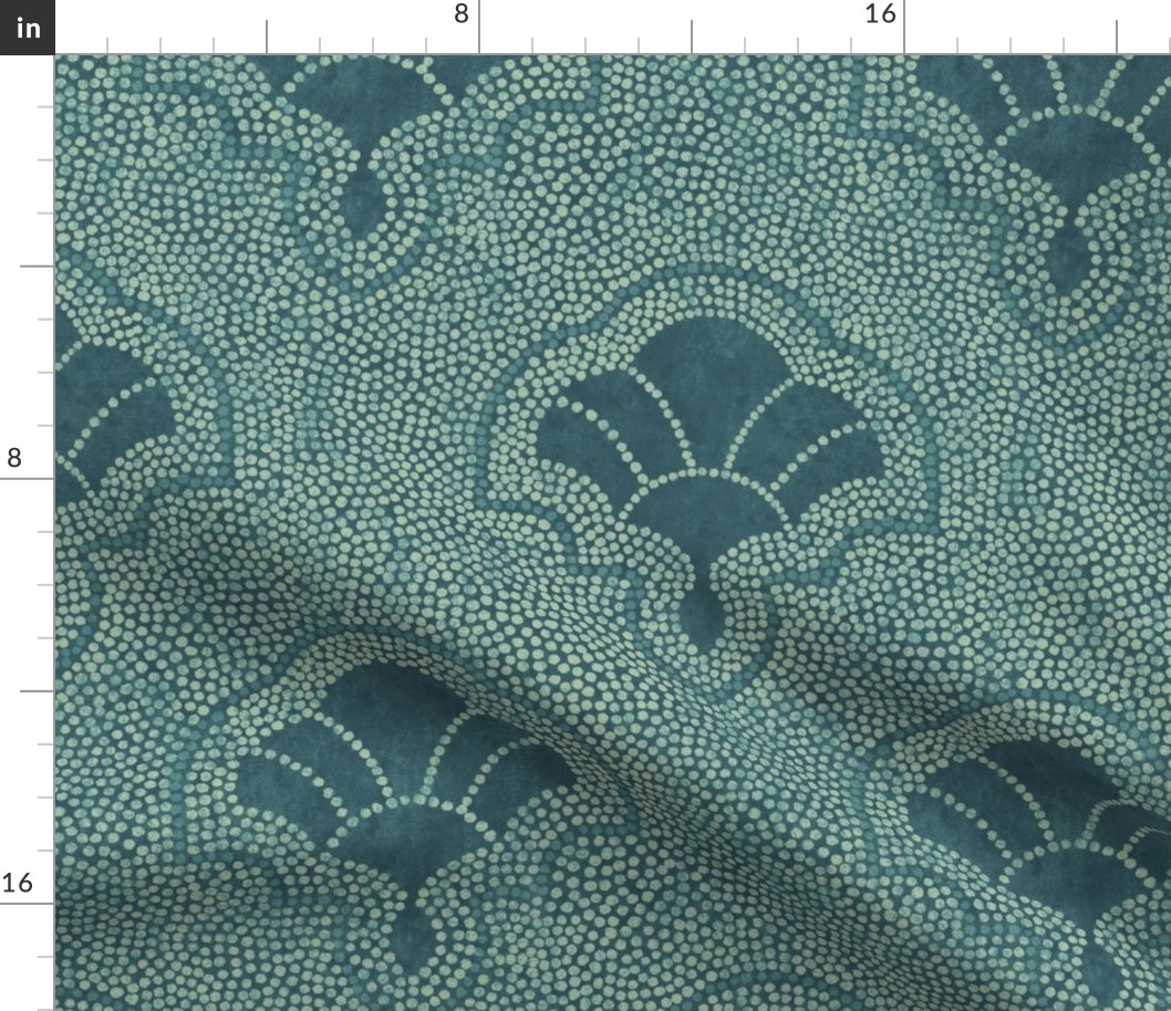 Textured art deco fans in dotted mosaic style - creamy dark teal, green, blue-green - large