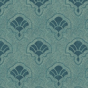 Textured art deco fans in dotted mosaic style - creamy dark teal, green, blue-green - medium 