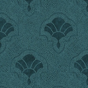 Textured art deco fans in dotted mosaic style - rich petrol blue, dark teal, moody blue-green - large