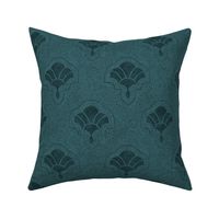 Textured art deco fans in dotted mosaic style - rich petrol blue, dark teal, moody blue-green - small