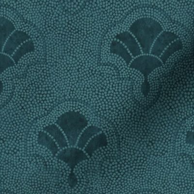 Textured art deco fans in dotted mosaic style - rich petrol blue, dark teal, moody blue-green - small