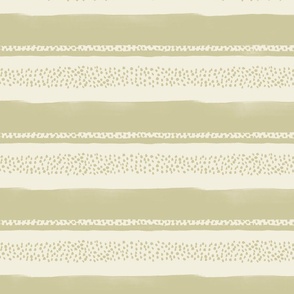 Summer Vacation - large hand drawn green artichoke and  beige horizontal stripes  and dots - nautical nursery kids wallpaper - retro coastal decor