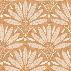 Art deco palm trees 1.2 on linen in pumpkin and cream (l) 