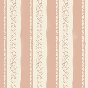 Summer Vacation - large hand drawn pink salmon beige vertical stripes  and dots - nautical nursery kids wallpaper - retro coastal decor