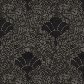 Textured art deco fans in dotted mosaic style - dark selenium, warm charcoal on almost black, moody, gothic - large