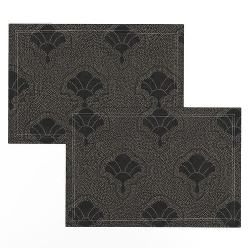 Textured art deco fans in dotted mosaic style - dark selenium, warm charcoal on almost black, moody, gothic - medium