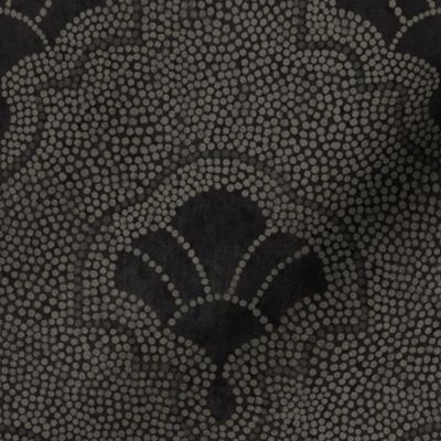 Textured art deco fans in dotted mosaic style - dark selenium, warm charcoal on almost black, moody, gothic - medium