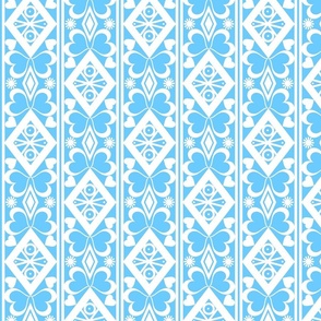 white openwork lace pattern in retro style on a sky blue background