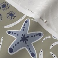 L|Coastal Marine Life : coastal blue Starfish Fun and white Seaweed in sage