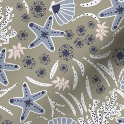 L|Coastal Marine Life : coastal blue Starfish Fun and white Seaweed in sage