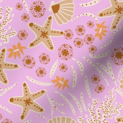 L|Coastal Marine Life : Starfish Fun and white Seaweed in bubblegum pink