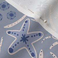 L|Coastal Marine Life : Light blue Starfish Fun and white Seaweed in Coastal Blue-grey