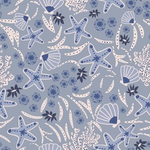 L|Coastal Marine Life : Light blue Starfish Fun and white Seaweed in Coastal Blue-grey