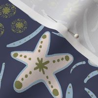 L|Coastal Marine Life : White Starfish Fun and Light Blue Seaweed in dark Blue