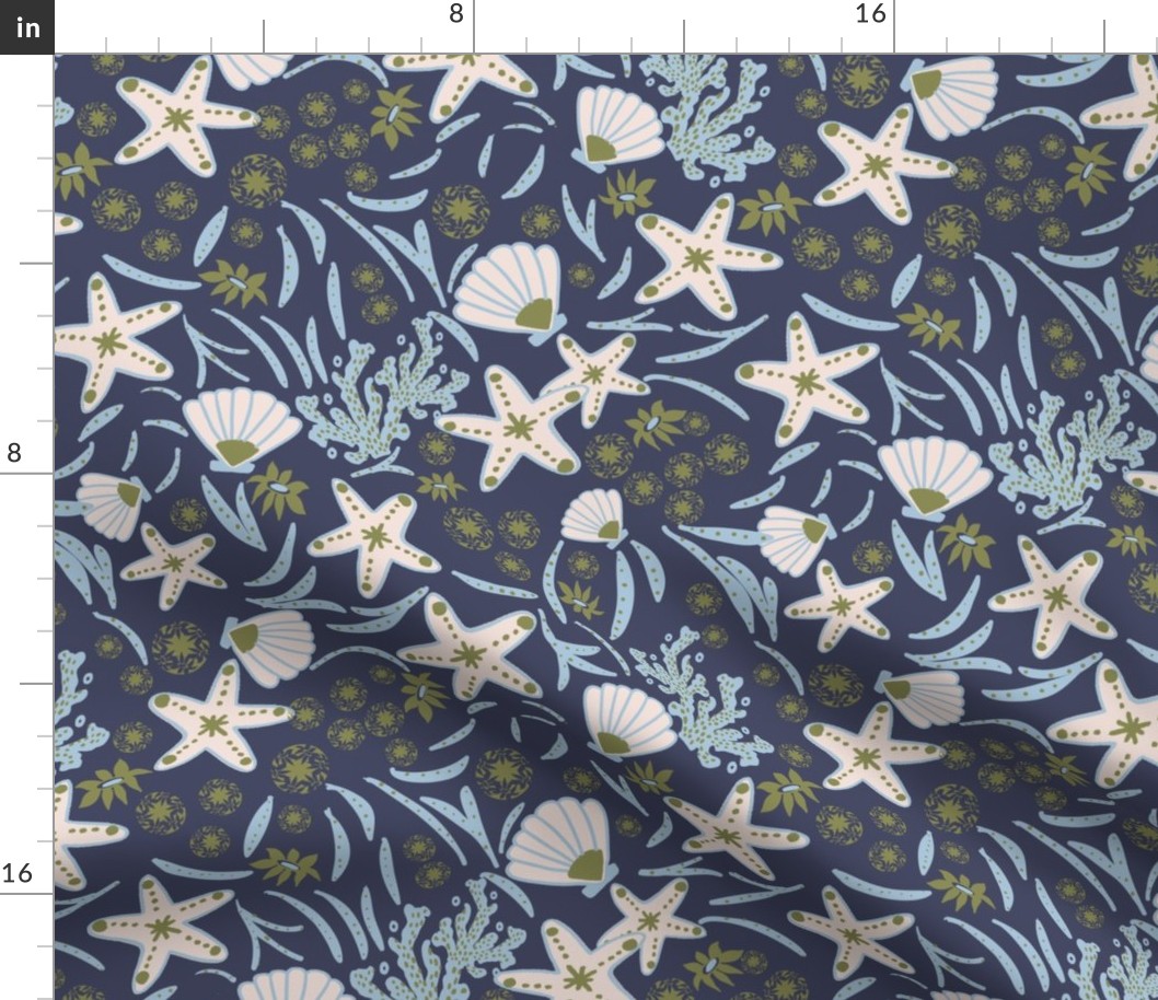 L|Coastal Marine Life : White Starfish Fun and Light Blue Seaweed in dark Blue