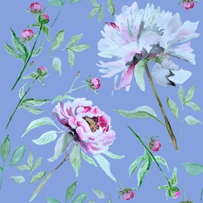 Large Periwinkle White Pink Flowers / Painted Peonies / Watercolor