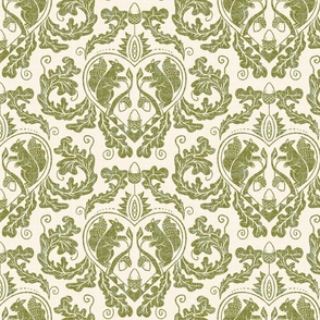 Squirrels and Acorns - damask in green and beige