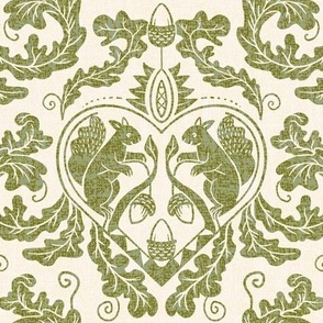 Squirrels and Acorns - damask in green and beige