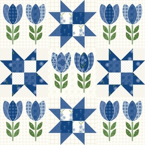 6" Quilt Block StartTooth Star and Tulips with Creams and blues Cheater Quilt -