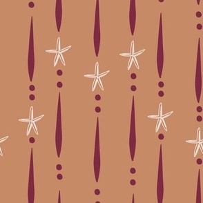 L| Decorative Geometric Irregular maroon Lines with Dots and Starfish on earthy brown