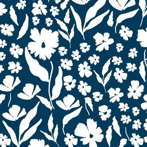 White floral silhouette on navy blue