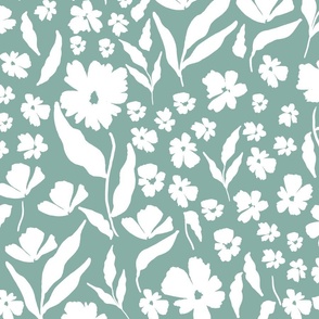 White floral silhouette on dark turquoise green