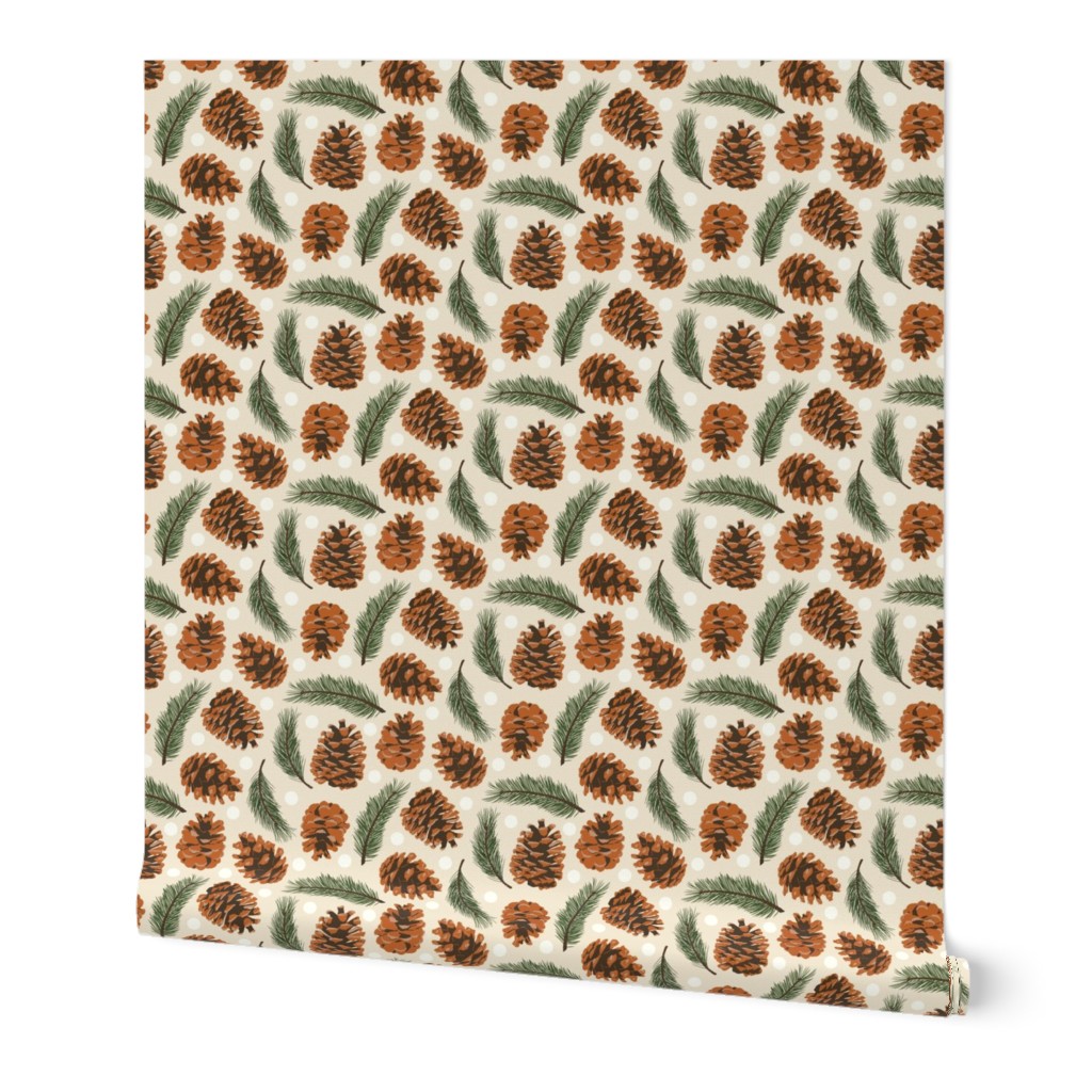 Small Pinecones and Pine Sprigs Polka Dot on Natural Tan