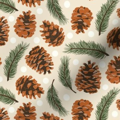 Small Pinecones and Pine Sprigs Polka Dot on Natural Tan