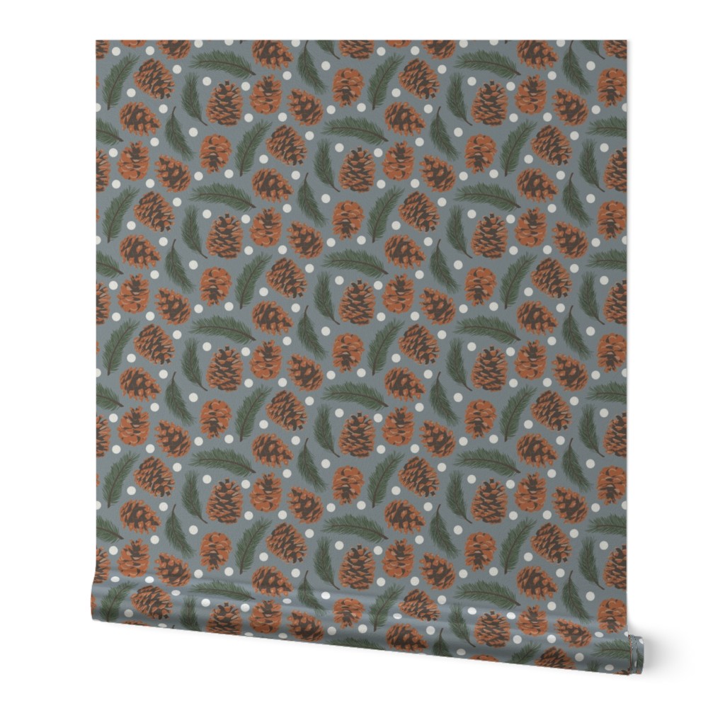 Small Pinecones and Pine Sprigs Polka Dot on Blue Grey